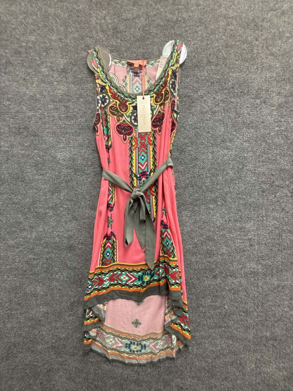 Peachpuff USA Pink Boho Floral Print High-Low Belted Dress